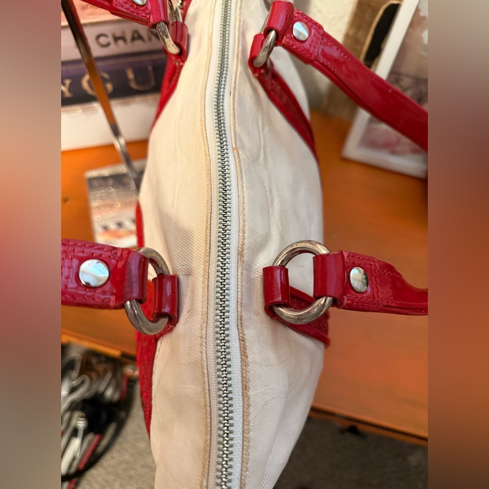 Coach Cream Tote with Red Heart Accents and Straps - Picture 9 of 15